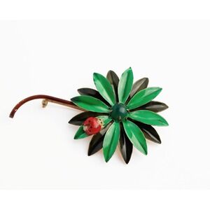Vintage Green Enamel Daisy Ladybug Brooch Mid Century Pin Original by Robert